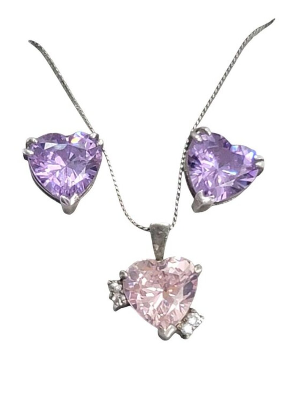 Sterling Silver Heart Necklace Earrings Set Pink Purple CZ Stones